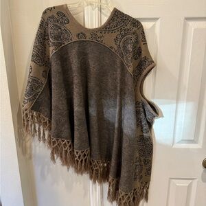Asymmetrical Drapy Poncho Fringe Paisley One Arm Hole On Trend, One Size